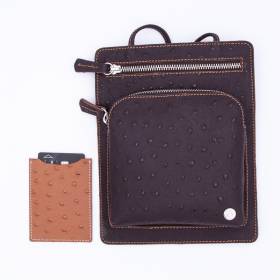 Pochette plate façon autruche 2 zips ebène noisette