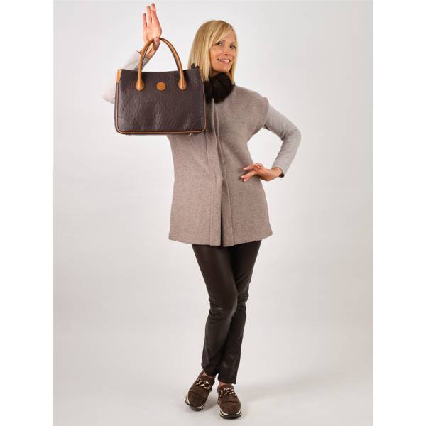 Sac à main cabas cuir façon autruche ebène noisette