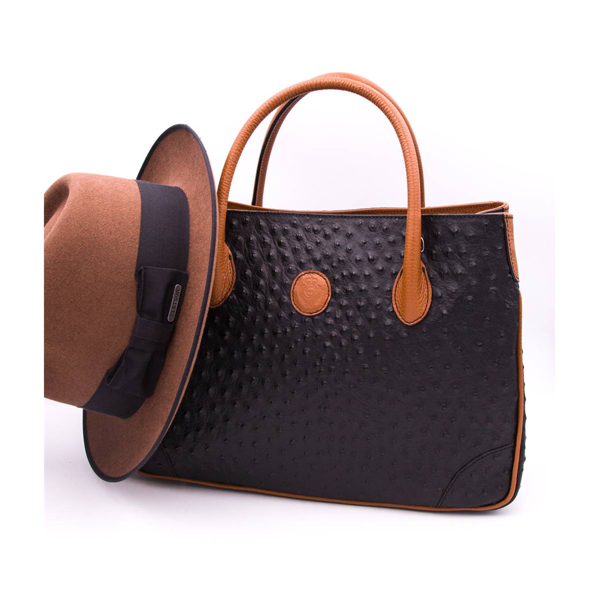 Sac à main cabas cuir façon autruche noir noisette