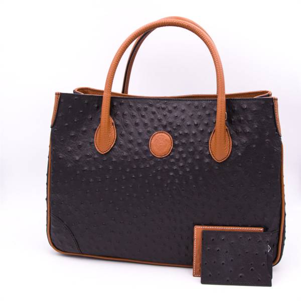 Sac à main cabas cuir façon autruche noir noisette