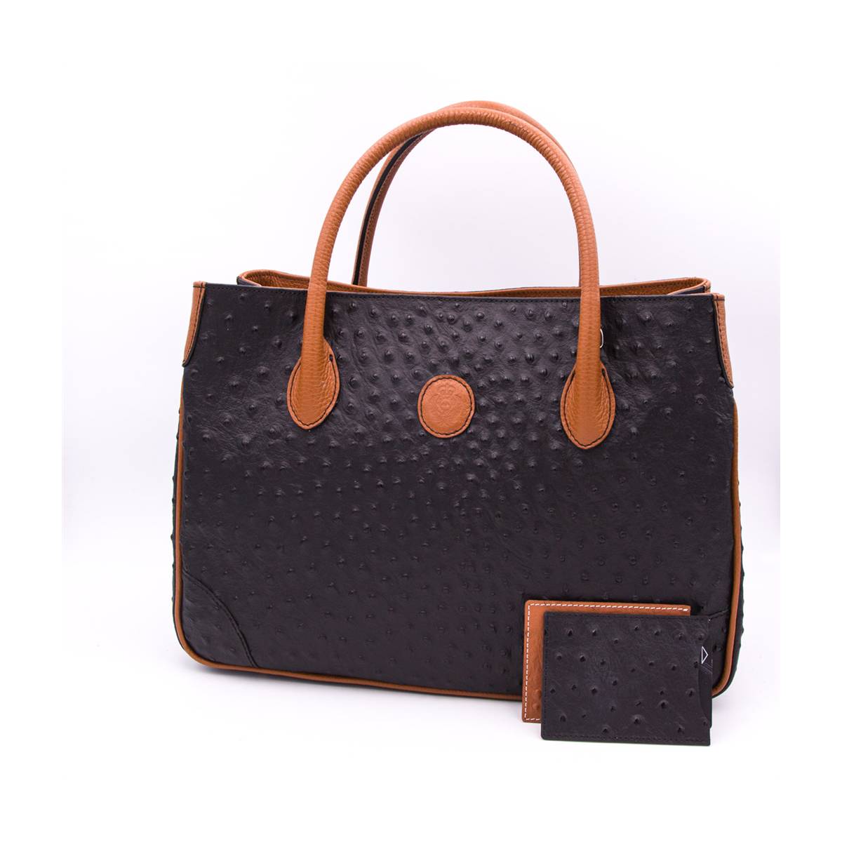 Sac à main cabas cuir façon autruche noir noisette