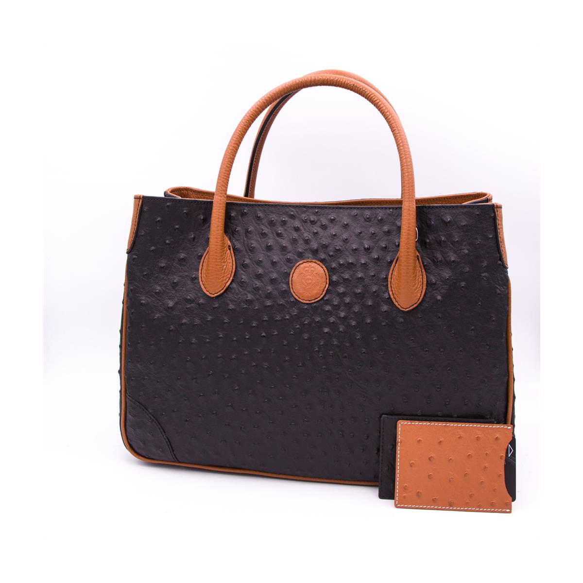 Sac à main cabas cuir façon autruche noir noisette