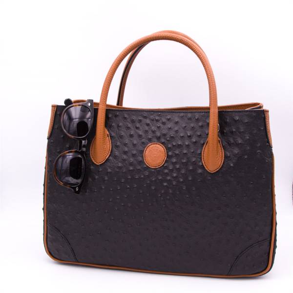 Sac à main cabas cuir façon autruche noir noisette