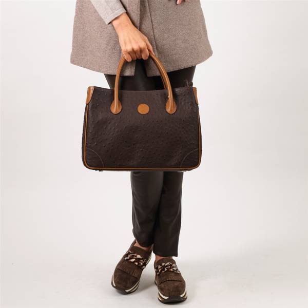 Sac à main cabas cuir façon autruche noir noisette
