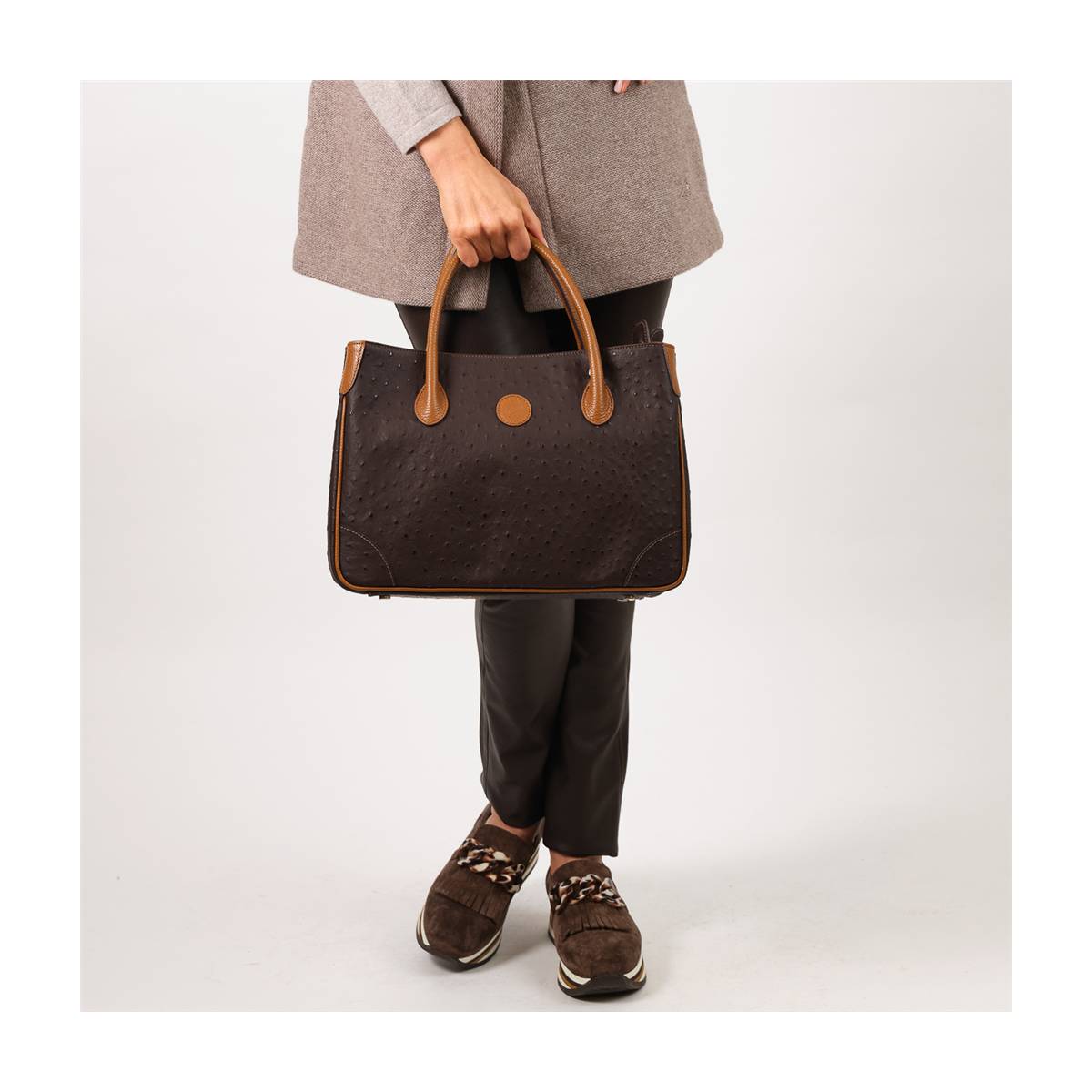 Sac à main cabas cuir façon autruche noir noisette