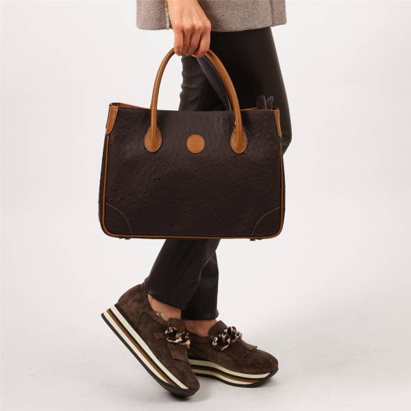 Sac à main cabas cuir façon autruche noir noisette