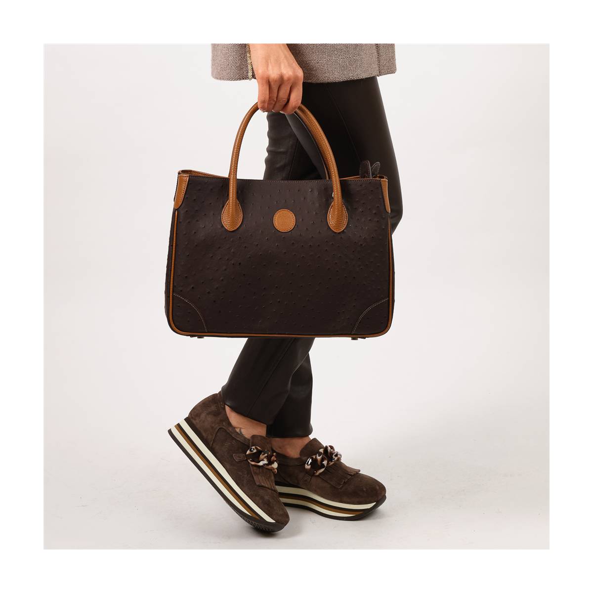 Sac à main cabas cuir façon autruche noir noisette