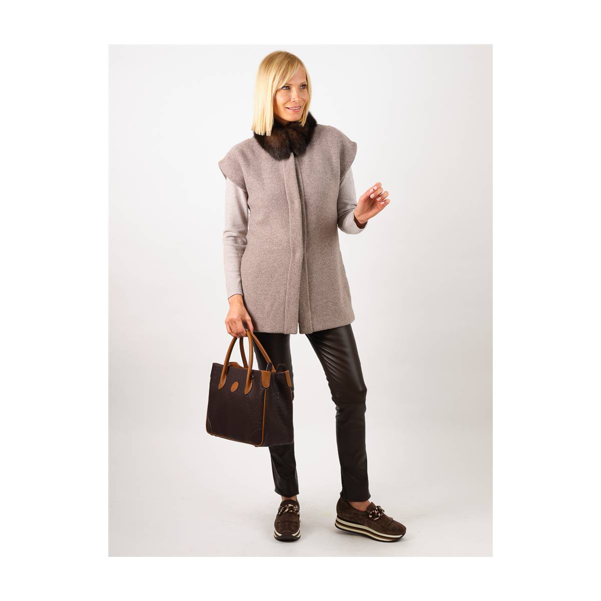 Sac à main cabas cuir façon autruche noir noisette