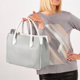Sac à main cabas en cuir grainé gris blanc