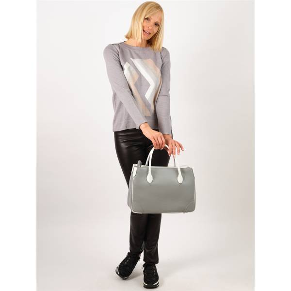 Sac à main cabas en cuir grainé gris blanc