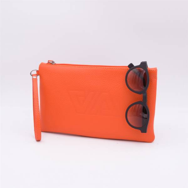 Pochette à main en cuir grainé orange orange