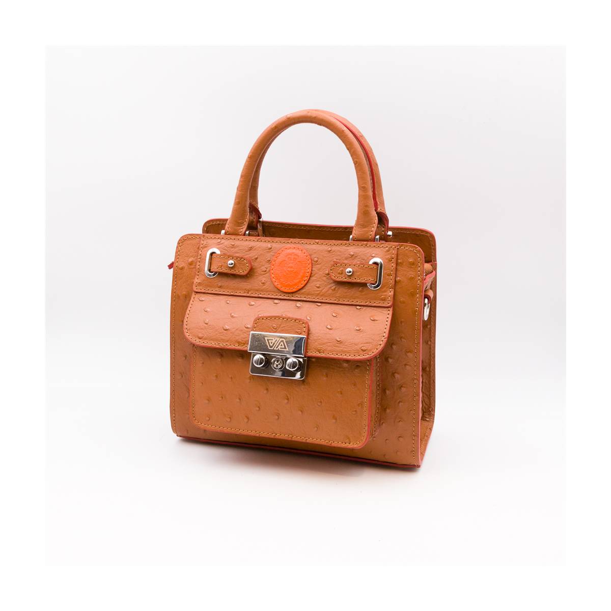 Sac mini cubo en cuir façon autruche noisette orange