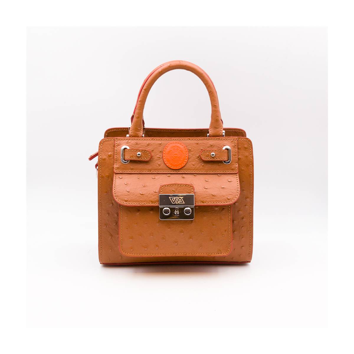 Sac mini cubo en cuir façon autruche noisette orange