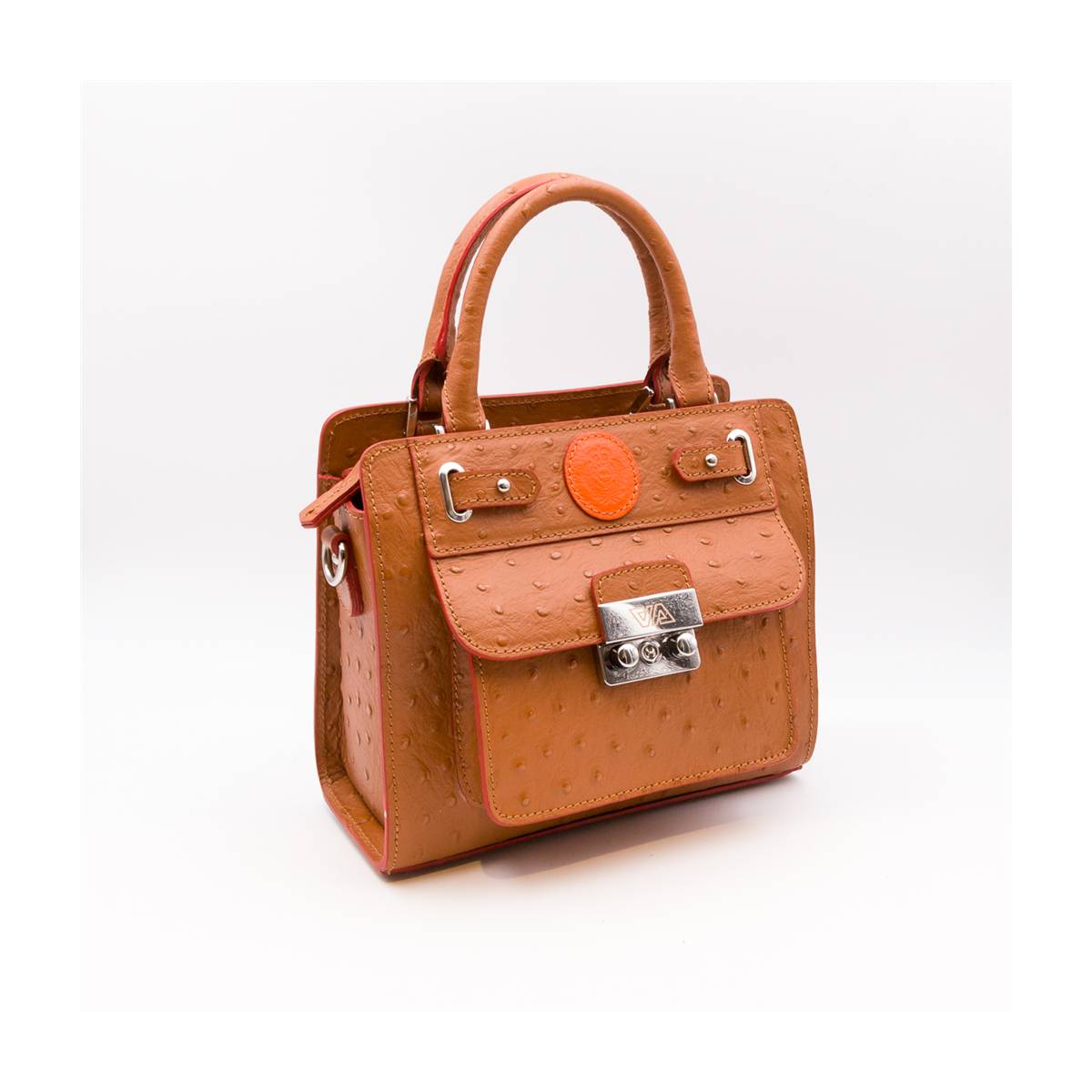 Sac mini cubo en cuir façon autruche noisette orange