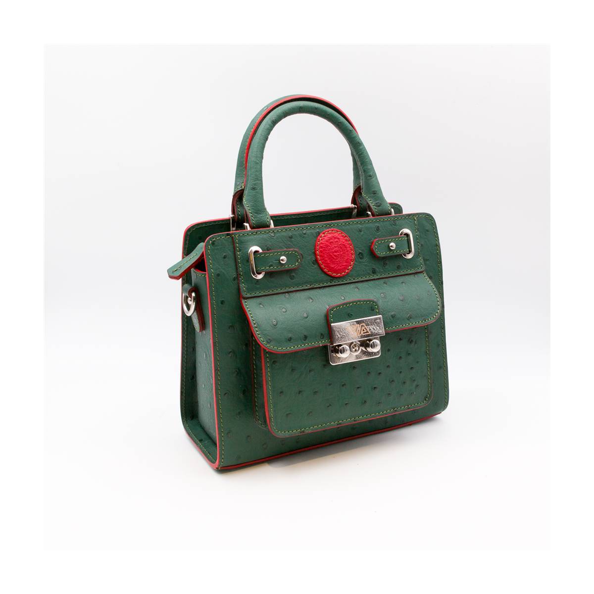 Sac mini cubo en cuir façon autruche vert sapin rouge