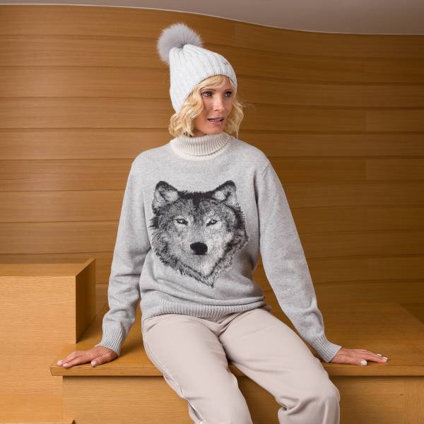 Pull col roulé loup en cashmere gris écru
