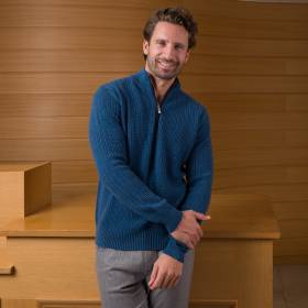 Pull cashmere col zippé torsade denim navy