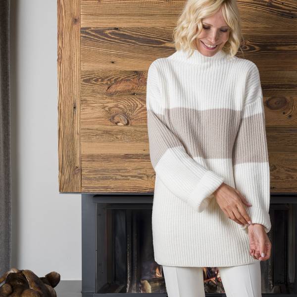 Pull col cheminée maille cashmere écru beige