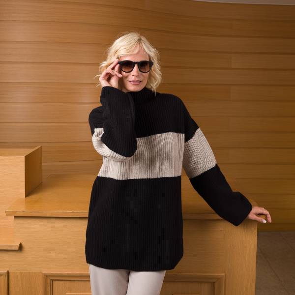 Pull col cheminée maille cashmere noir beige