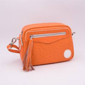 Sac bandoulière pompon façon autruche orange blanc