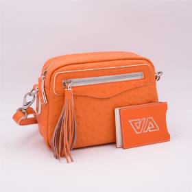 Sac bandoulière pompon façon autruche orange blanc