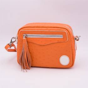 Sac bandoulière pompon façon autruche orange blanc