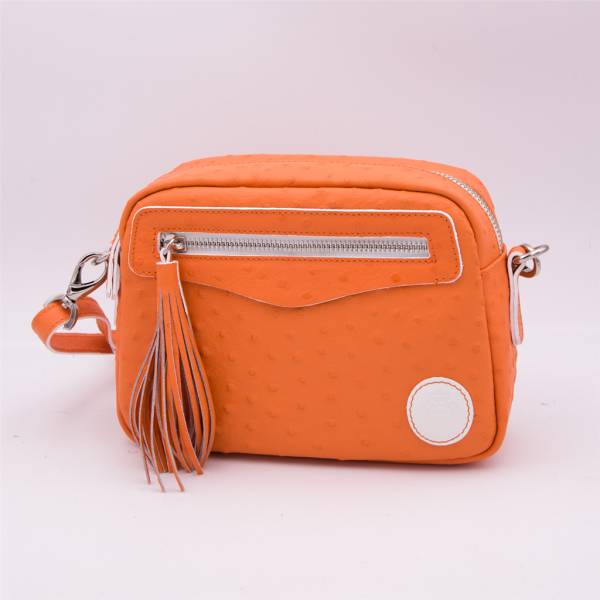 Sac bandoulière pompon façon autruche orange blanc