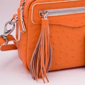 Sac bandoulière pompon façon autruche orange blanc