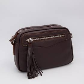 Sac bandoulière en cuir pompon ebène noisette .