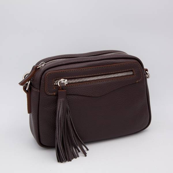 Sac bandoulière en cuir pompon ebène noisette .