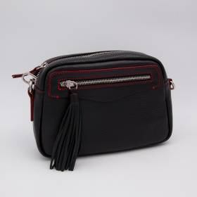 Sac bandoulière en cuir pompon noir rouge .
