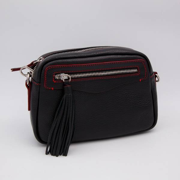 Sac bandoulière en cuir pompon noir rouge .
