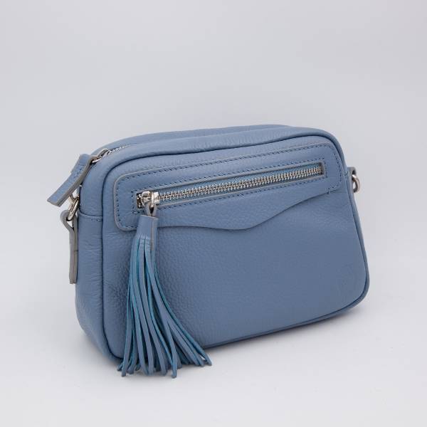 Sac bandoulière en cuir pompon jeans gris .