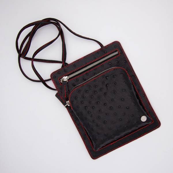 Pochette plate façon autruche 2 zips noir rouge
