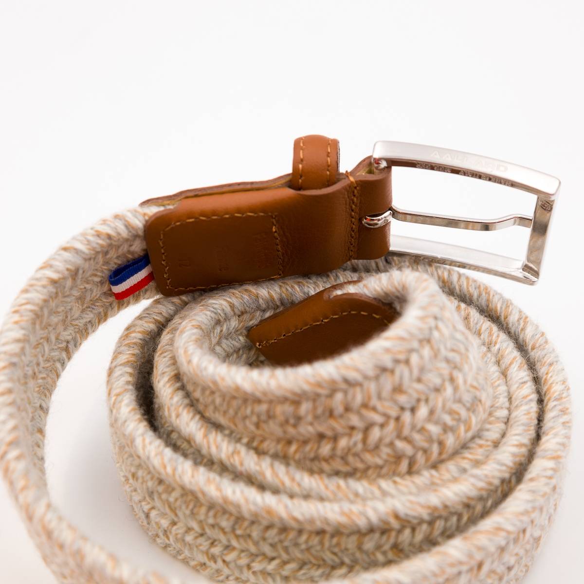 Ceinture tressée élastique en lainage écru gris camel