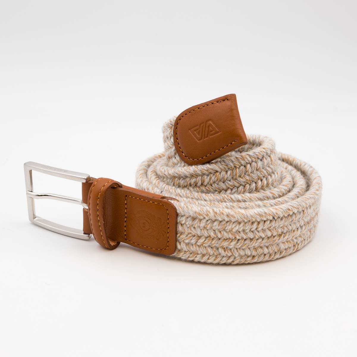 Ceinture tressée élastique en lainage écru gris camel