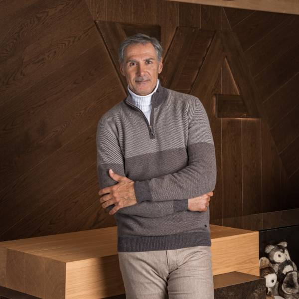 Pull col zippé cashmere diagonal brun taupe beige