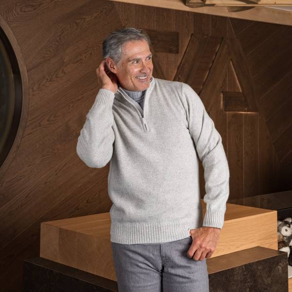 Pull zippé en cashmere mouliné perle neige light grey