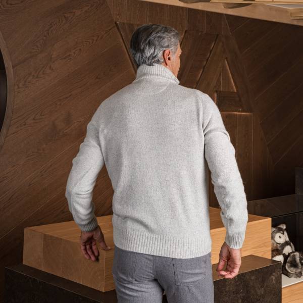 Pull zippé en cashmere mouliné perle neige light grey