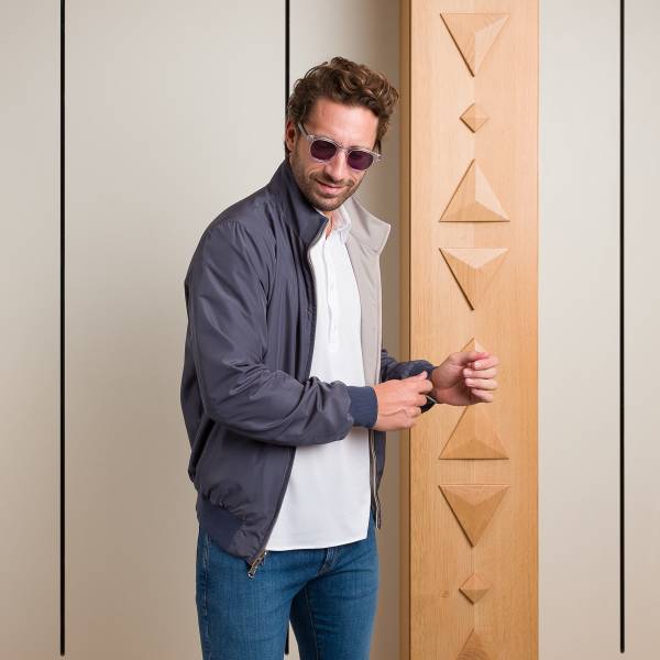 Blouson nylon reversible zippé grège bleu acier