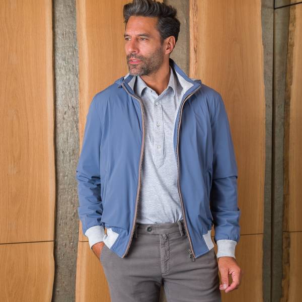 Blouson nylon à capuche bleu gris taupe light grey