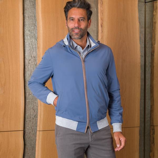 Blouson nylon à capuche bleu gris taupe light grey