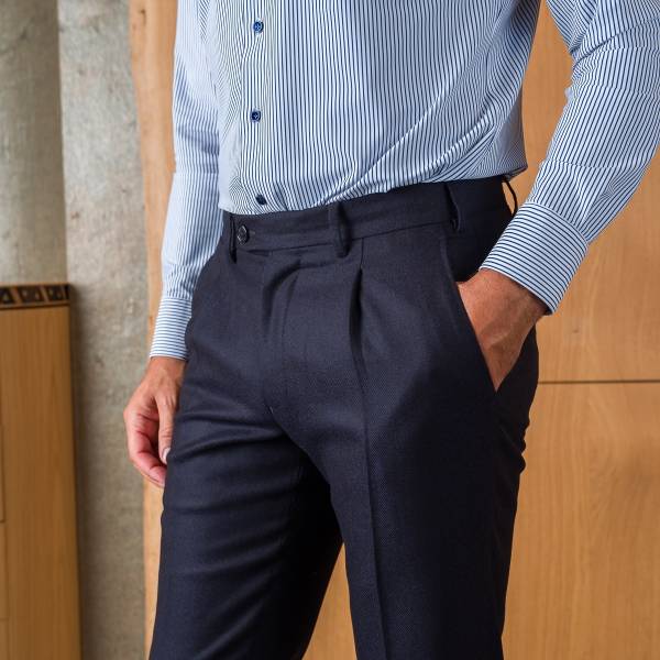 Pantalon à pinces tissu laine/cashmere marine