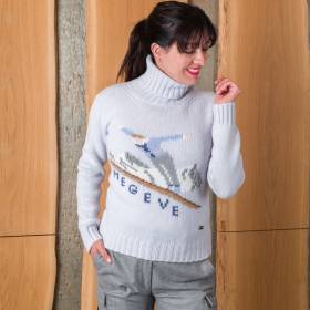 Pull col roulé skieur Megève cashmere bleu céleste