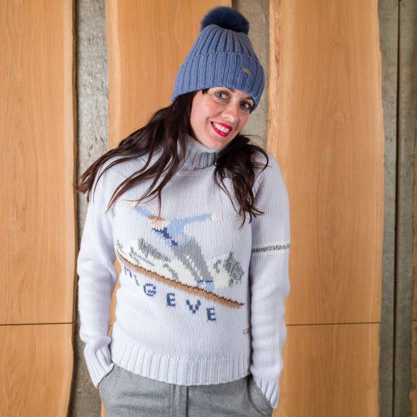 Pull col roulé skieur Megève cashmere bleu céleste
