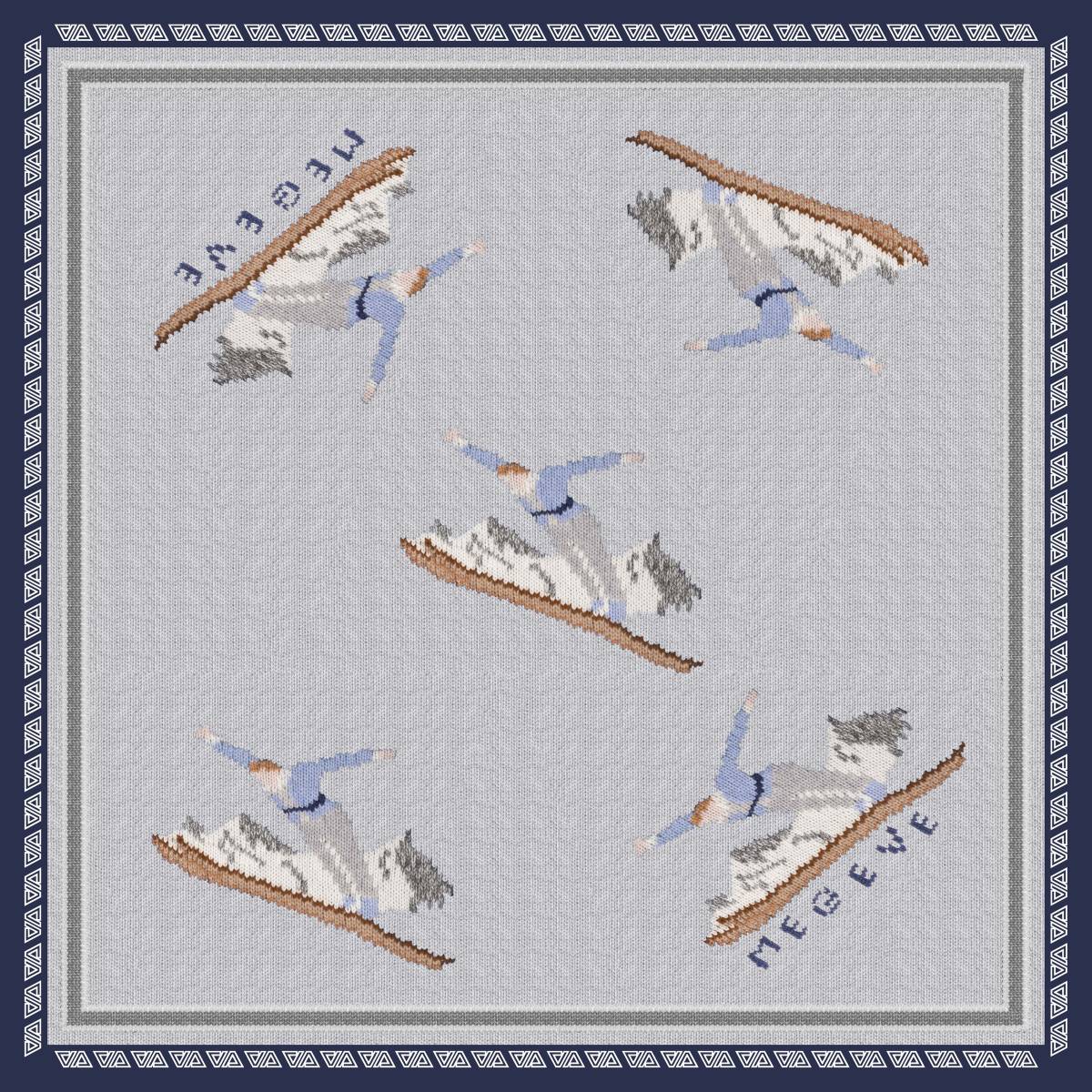 Foulard en soie Skieur Megève bleu céleste marine .