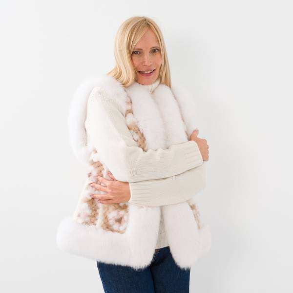 Gilet sans manche vison col volpe écru beige marron