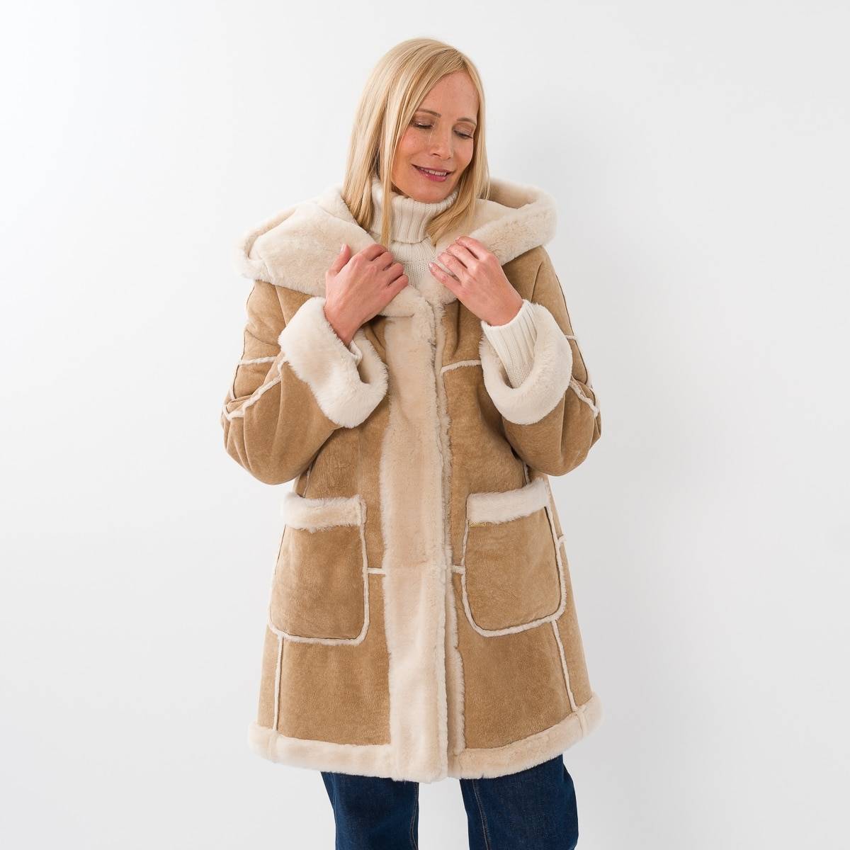 Manteau shearling reversible beige