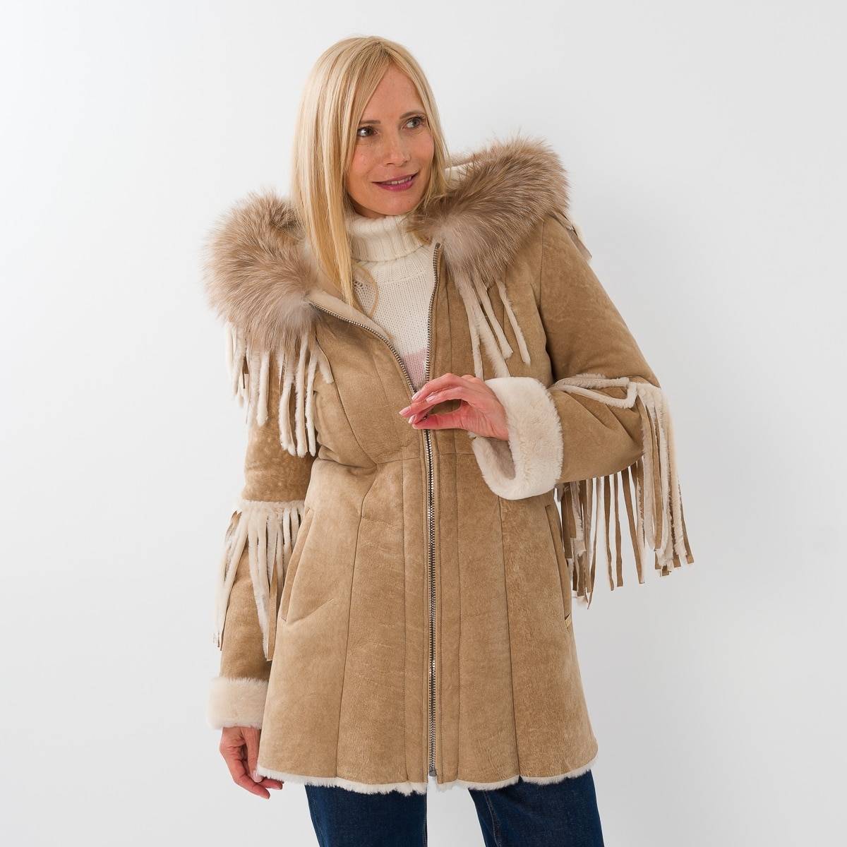 Manteau shearling franges beige