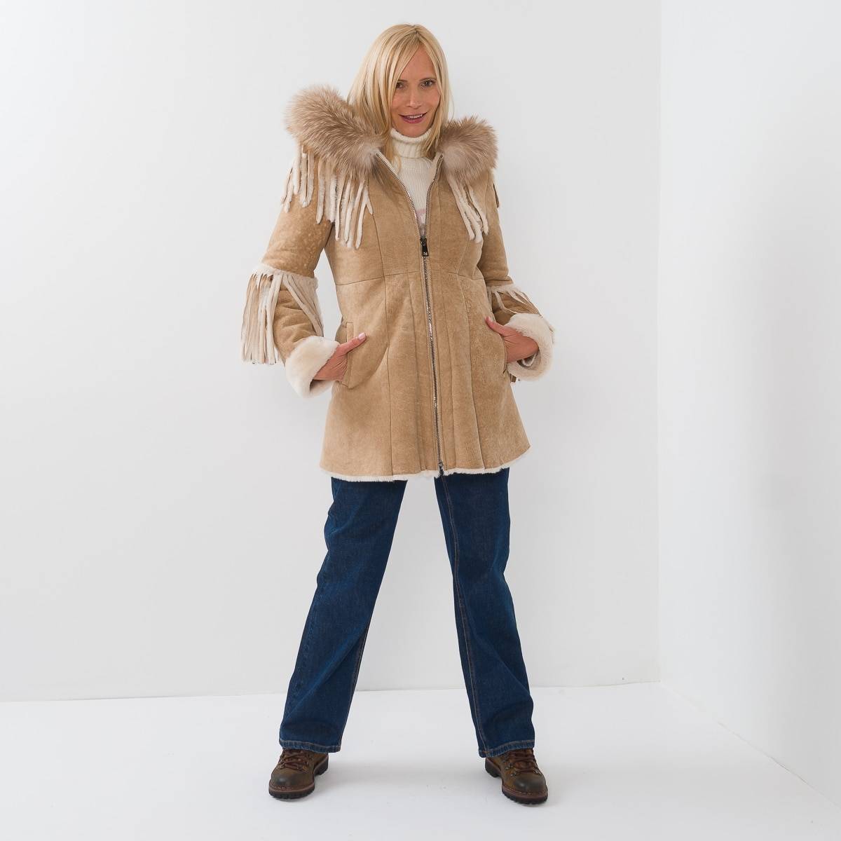Manteau shearling franges beige